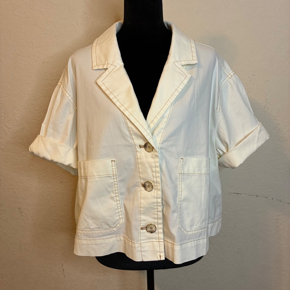 Chico's Ecru Stretch Cotton Jacket Short Sleeve Shacket XL Size 3 NWT Buttons